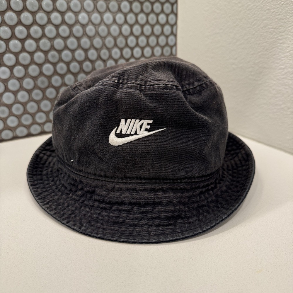Nike Bucket Hat Cap Black Logo Spellout Cotton L/XL Hiphop Streetwear Casual